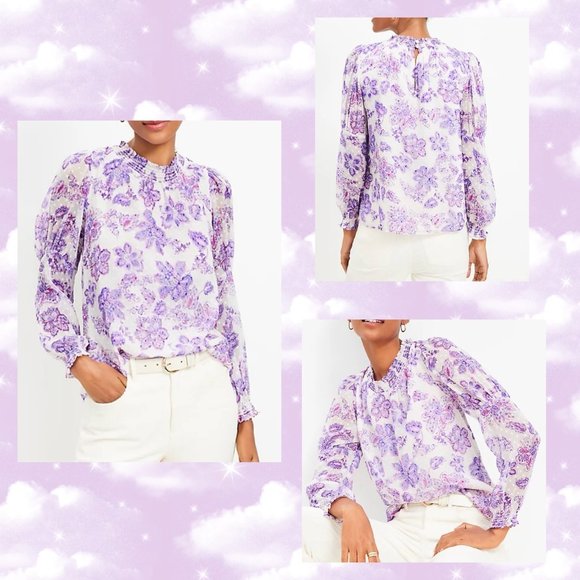 LOFT Women Petite Floral Clip Smocked Puff Sleeve Blouse Large - Picture 1 of 16